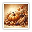 Harvest Glow - Thanksgiving Pumpkin and Cornucopia artwork featuring a painting of a pumpkin, cornucopia, and assorted fruits, available as stickers or digital artwork.
