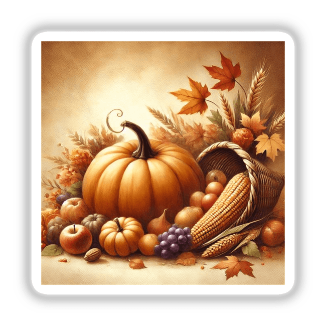 Harvest Glow - Thanksgiving Pumpkin and Cornucopia artwork featuring a painting of a pumpkin, cornucopia, and assorted fruits, available as stickers or digital artwork.
