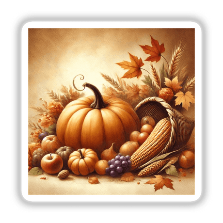 Harvest Glow - Thanksgiving Pumpkin and Cornucopia artwork featuring a painting of a pumpkin, cornucopia, and assorted fruits, available as stickers or digital artwork.
