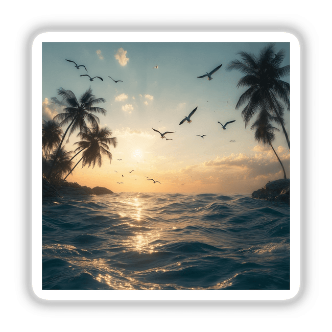 Golden Horizon Seagulls Over Ocean Waves: Birds soar above ocean waves at sunset, capturing a serene coastal scene available as vinyl stickers or digital artwork from Decal Venue.