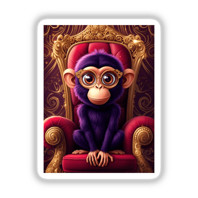 Regal Monkey – Purple-Furred Primate with Ornate Glasses sits on a golden throne, available as unique stickers or digital artwork from Decal Venue.