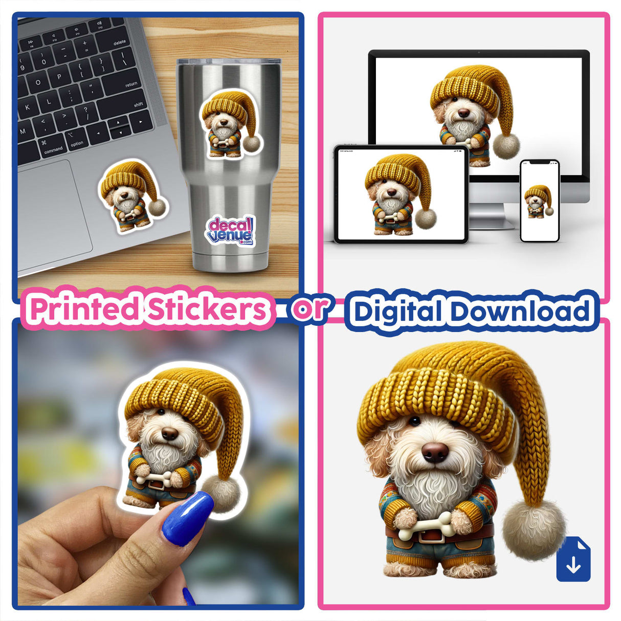 Goldendoodle Gnome Holding Dog Bone sticker collage, featuring a cute cartoon dog in a hat and sweater, perfect for dog lovers from Decal Venue.