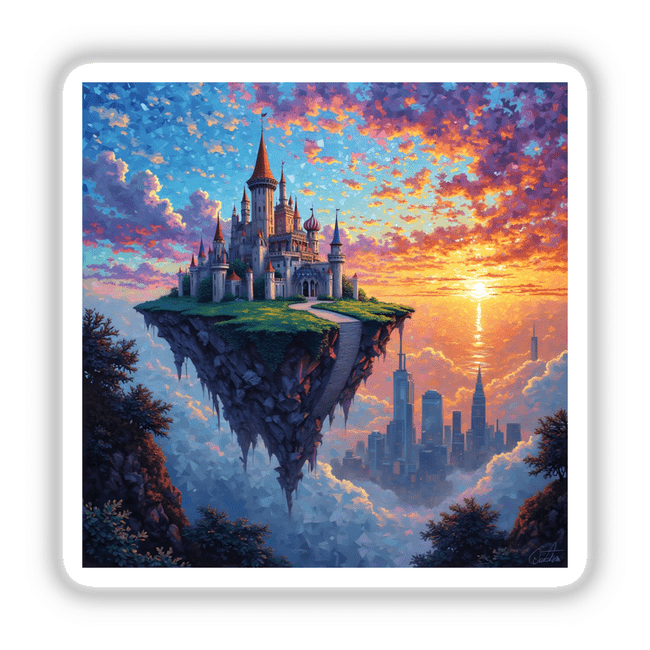 Floating Crystal Castle with City Skyline Glass Mosaic Scene, featuring a majestic castle on a floating island amidst a vibrant, colorful sky, available as unique stickers or digital artwork.