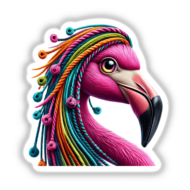 Flamingo with Yarn Hair: Cartoon flamingo featuring vibrant, colorful yarn hair, available as unique stickers or digital artwork.