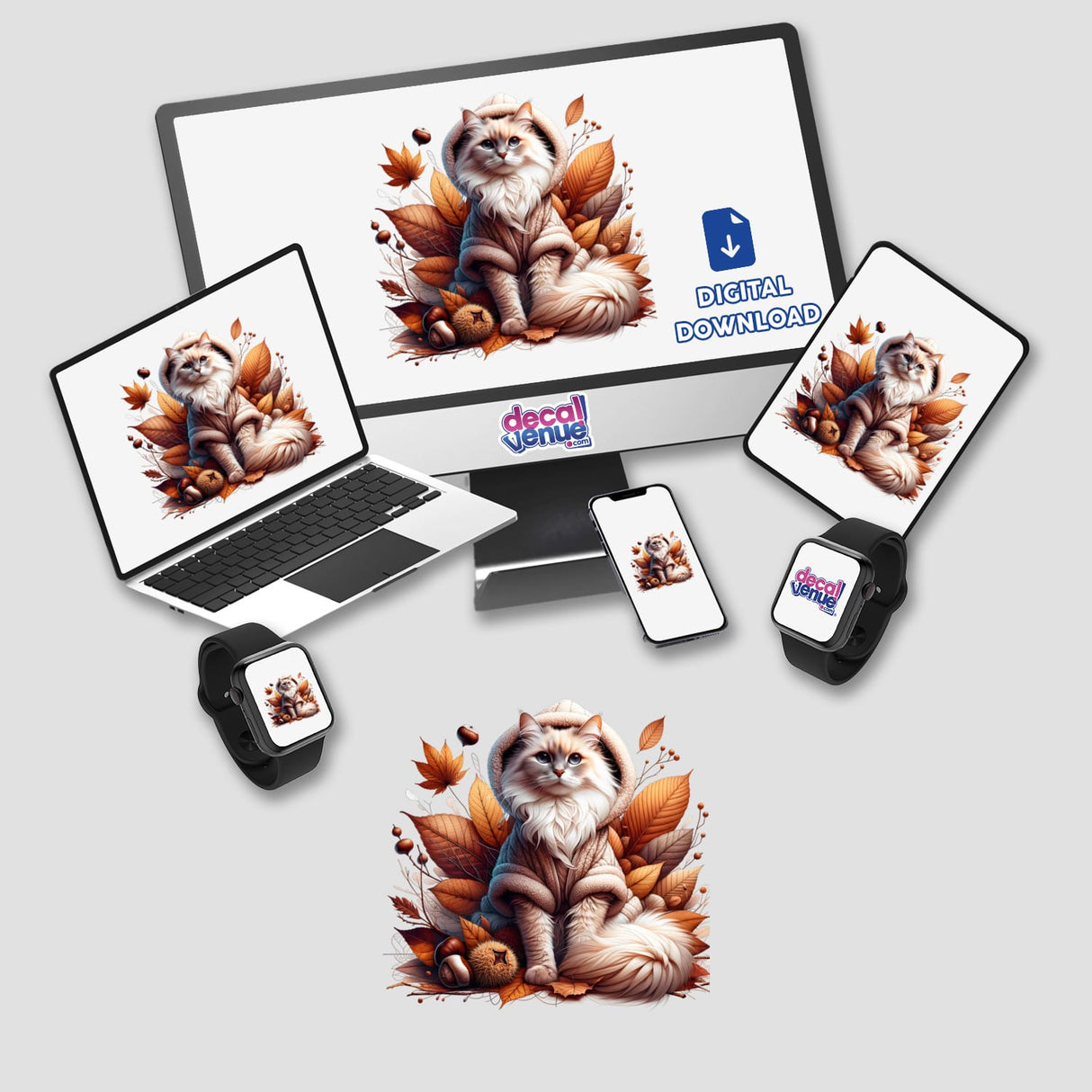 Cozy autumn cat illustration on various electronic devices showcasing the product placement