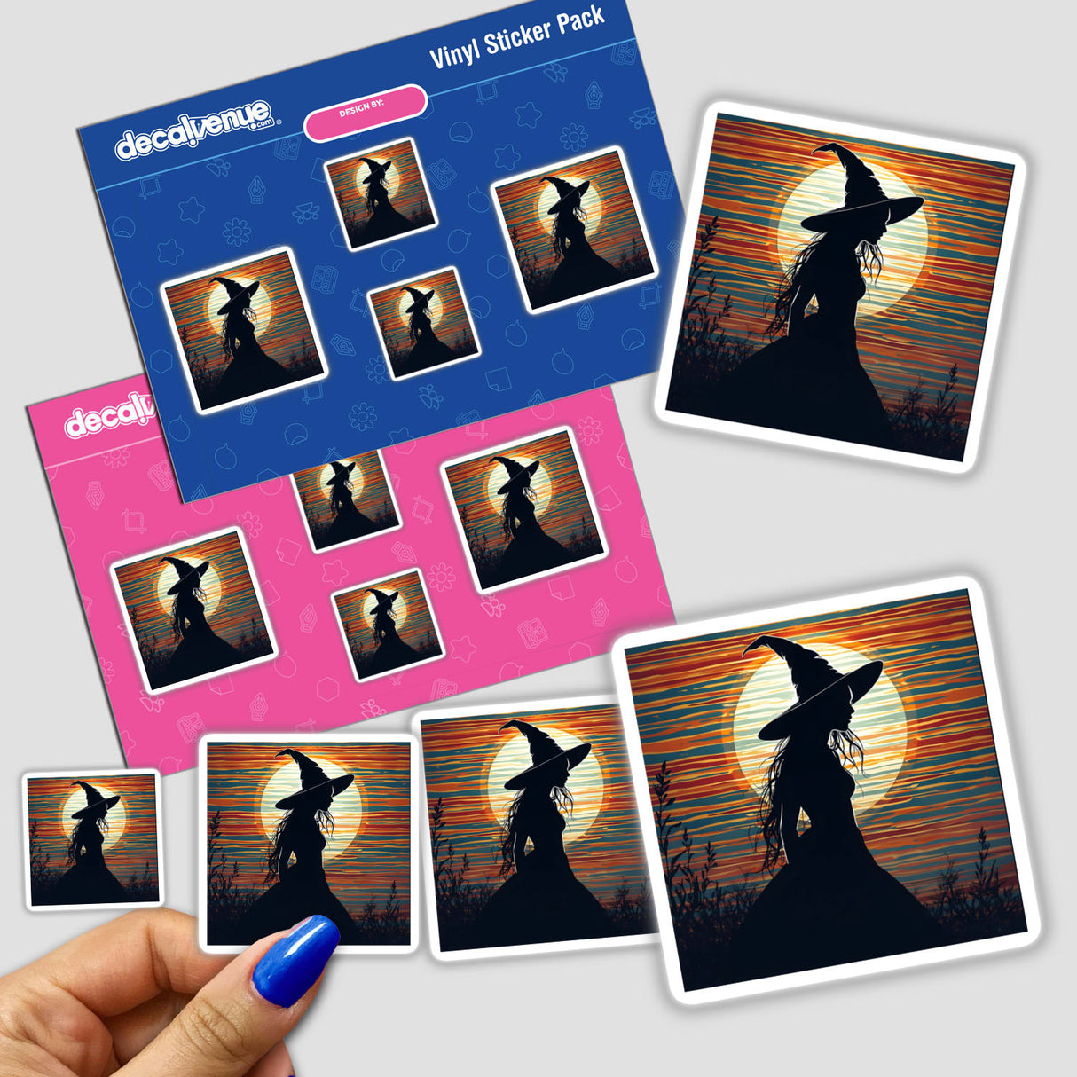 Witch Silhouette with Vibrant Stripes Halloween sticker featuring a person with a hat, highlighted by a close-up of a finger pointing at the detailed artwork.
