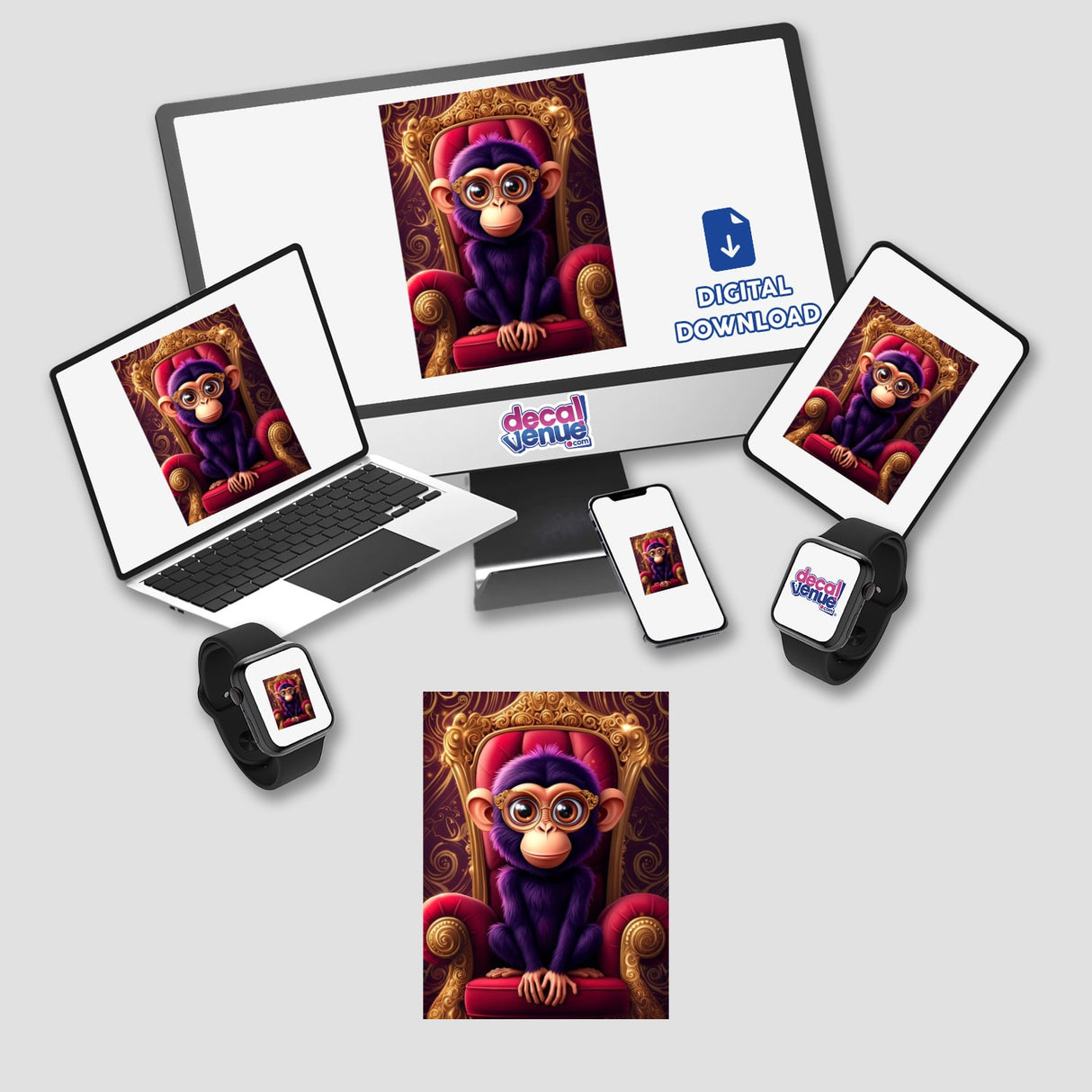 Regal Monkey sticker or digital artwork featuring a purple-furred primate with ornate glasses, seated on a golden throne, perfect for unique decor at Decal Venue.