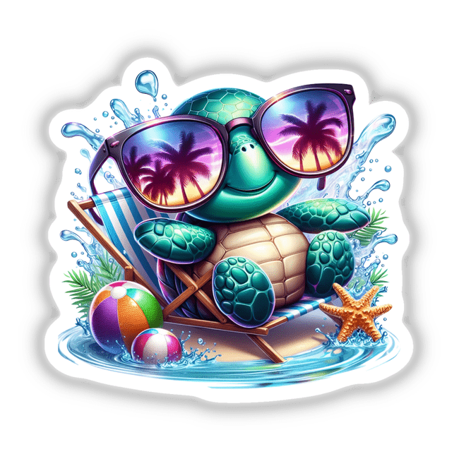 Sea Turtle Chillin in Beach Chair: A cartoon turtle wearing sunglasses relaxes in a chair, surrounded by beach balls and a starfish. Available as stickers or digital artwork.