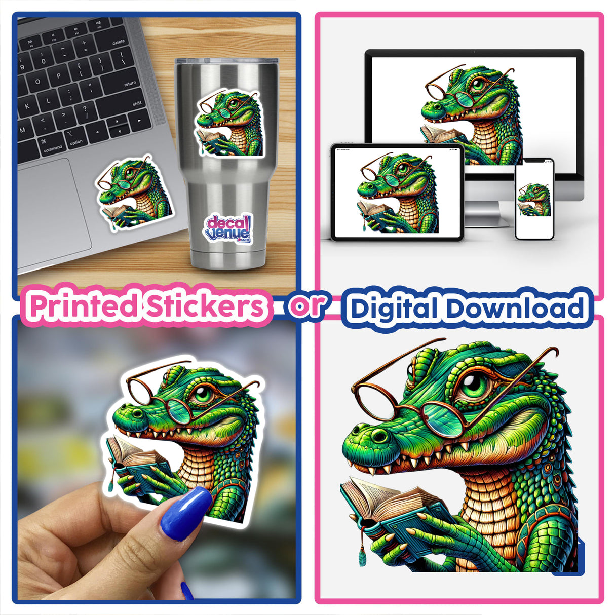 Crocodile With Reading Glasses Open Book sticker, showcasing a cartoon crocodile in glasses engrossed in a book. Available as vinyl stickers or digital artwork from Decal Venue.
