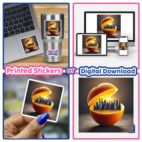 Collage of Urban Citrus City Skyline Inside an Orange stickers or digital artwork featuring cityscapes within oranges and a laptop displaying similar imagery.