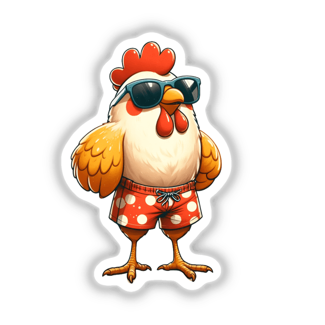 Beach Ready Chicken: A cartoon chicken in a swimsuit and sunglasses, available as stickers or digital artwork from Decal Venue, showcasing unique vinyl designs and digital art.