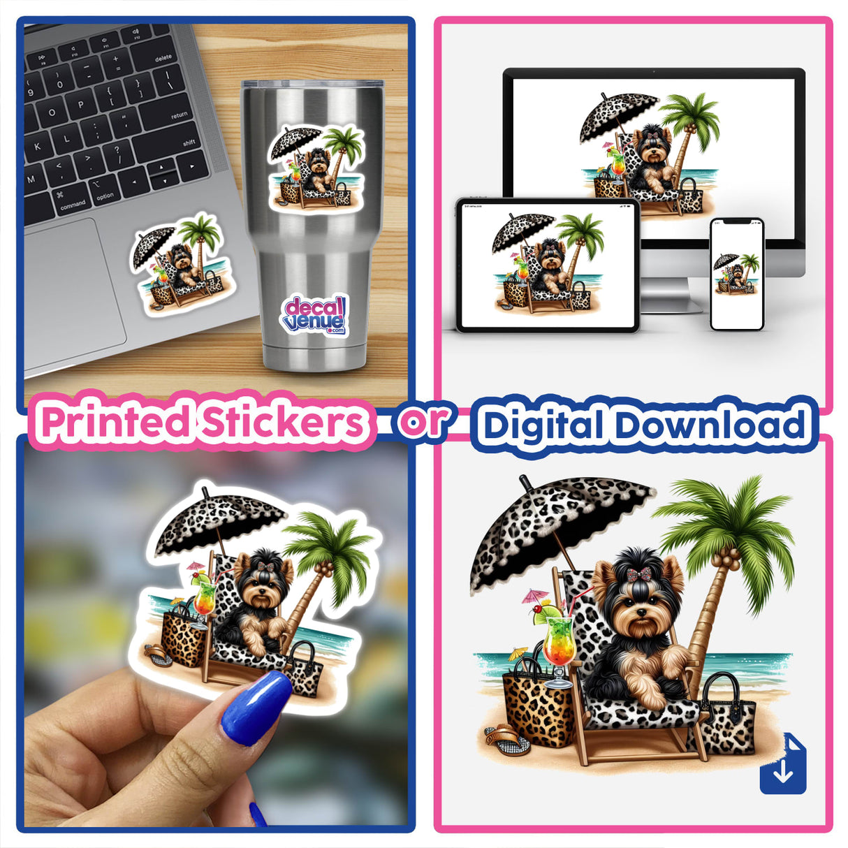Everything Leopard Yorkie Beach Dog II features a collage with a Yorkie on a beach chair under an umbrella, available as unique stickers or digital artwork from Decal Venue.