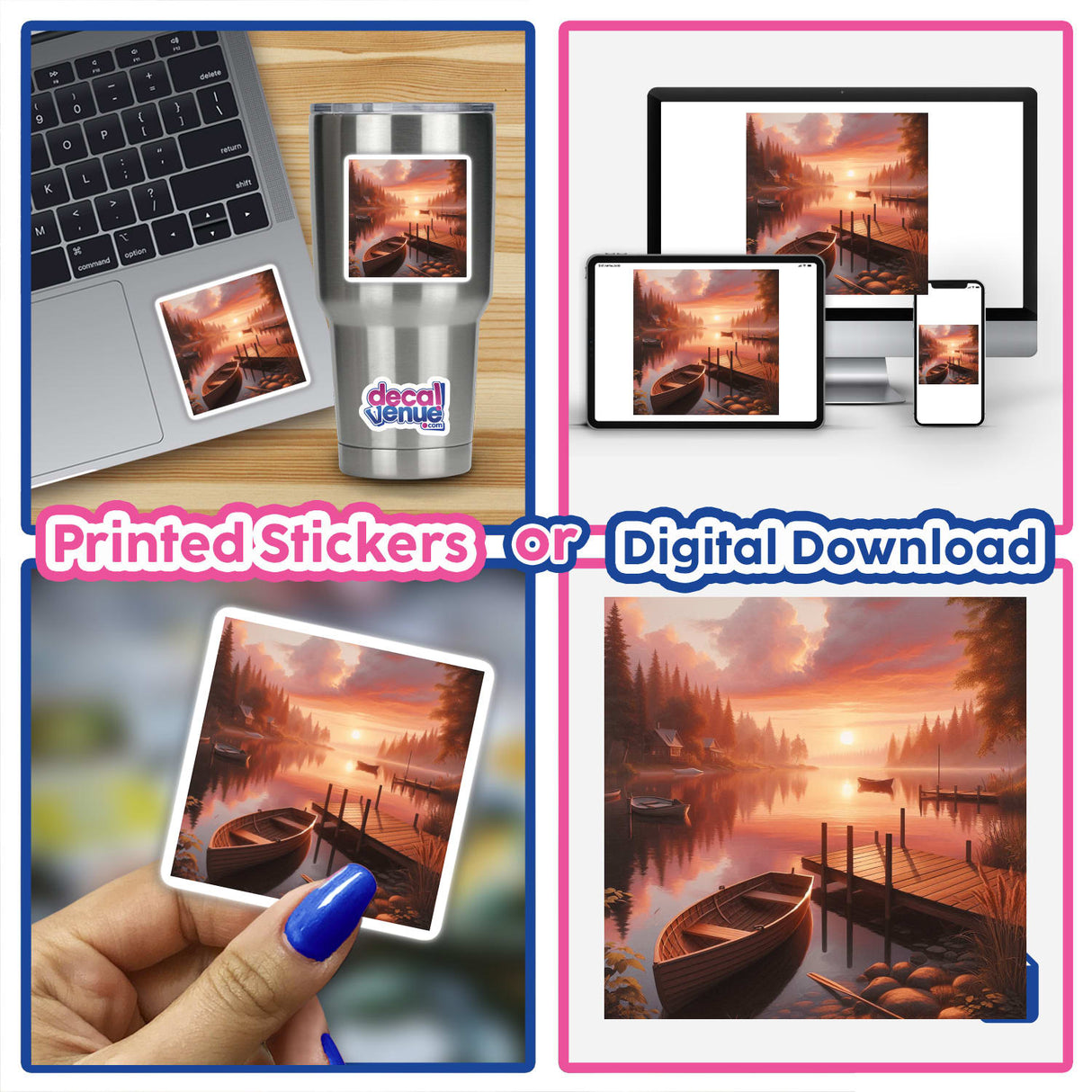 Lake Scene with Boats and Dock During Sunset depicted on a silver mug, showcasing a serene water landscape. Available as stickers or digital artwork from Decal Venue.