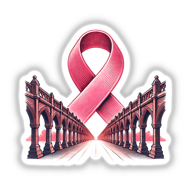 Pink Ribbon Bridge design featuring a pink ribbon intertwined with a detailed bridge illustration, ideal for stickers or digital downloads.