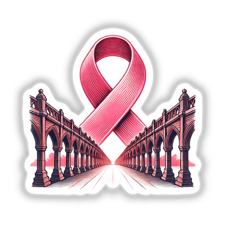 Pink Ribbon Bridge design featuring a pink ribbon intertwined with a detailed bridge illustration, ideal for stickers or digital downloads.