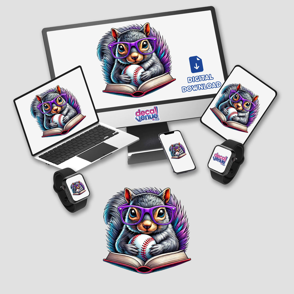 Squirrel Reading a Book with Purple Glasses and Baseball depicted on a computer and laptop, available as stickers or digital artwork from Decal Venue, showcasing unique cartoon design.