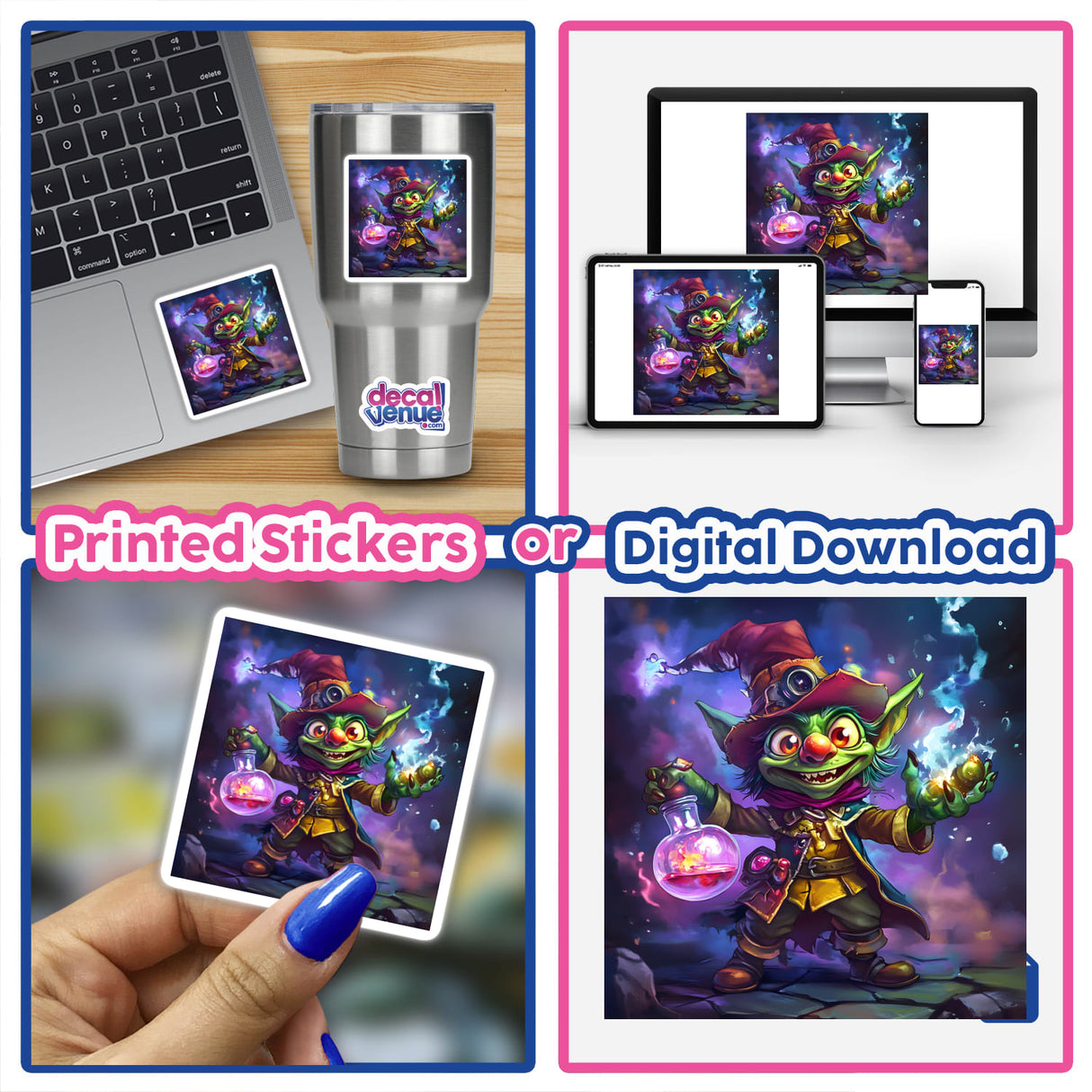 Collage of Whimsical Goblin Alchemist with Explosive Potions stickers and digital artwork, featuring a goblin holding a flask, visible on a laptop, mug, keyboard, and phone.