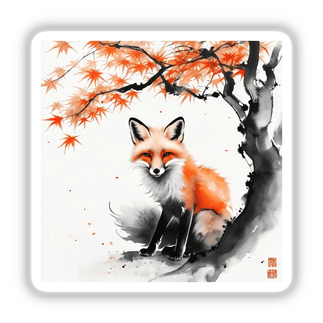 Sumi-e Fox Under Maple Tree Japanese Ink Painting displayed as a sticker or digital artwork, highlighting the elegant ink style of a fox beneath a maple tree, reflecting Decal Venue's unique art offerings.