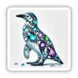 Drawing of a penguin adorned with gems, titled Penguin Jewels and Gemstones, available as stickers or digital artwork from Decal Venue.