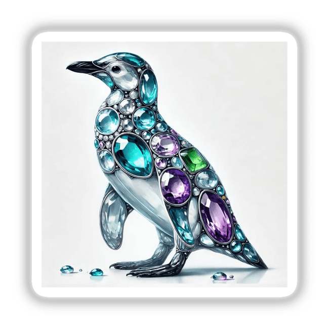 Drawing of a penguin adorned with gems, titled Penguin Jewels and Gemstones, available as stickers or digital artwork from Decal Venue.