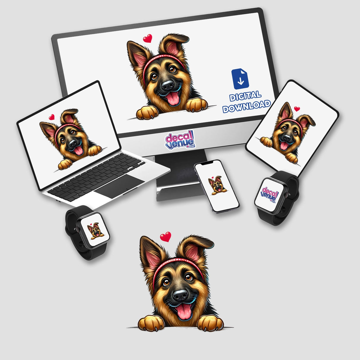 Peeking German Shepherd digital artwork displayed on a laptop and monitor, featuring a playful dog with a red headband. Available as stickers or digital artwork from Decal Venue.