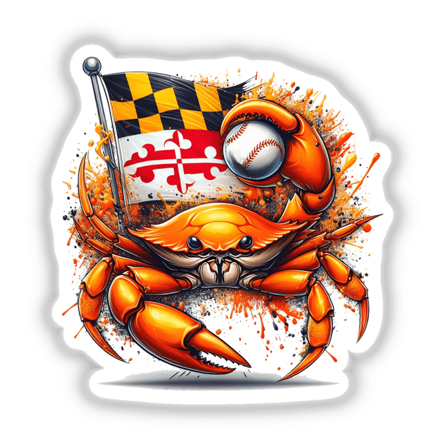 Maryland Steamed Baseball Blue Crab Splatter: A cartoon crab holding a baseball and flag, available as stickers or digital art, embodying Decal Venue's unique vinyl sticker and digital artwork offerings.