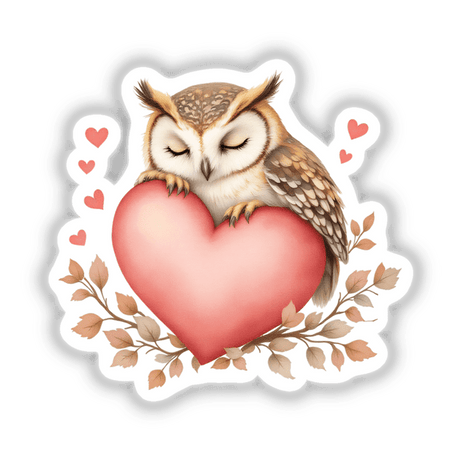 Sleeping Owl on a Heart: A whimsical cartoon owl gently holding a heart, perfect as a vinyl sticker or digital art, embodying tranquility and charm. Ideal for personalizing items or art collections.