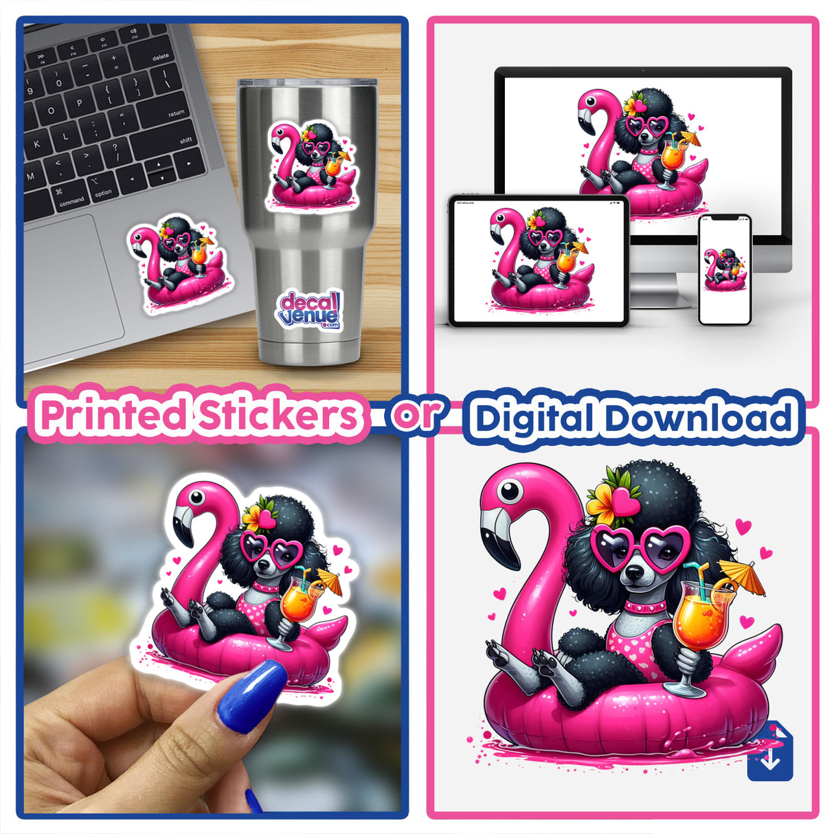 Summer Black Poodle Sitting in Flamingo Float depicted as a playful and whimsical design, available as stickers or digital artwork, capturing a unique charm suitable for Decal Venue's creative offerings.