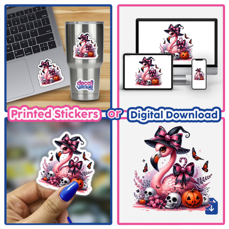 Halloween Flamingo Bird Witch sticker features a flamingo wearing a hat with skulls, available as a sticker for cups, laptops, or as digital artwork.