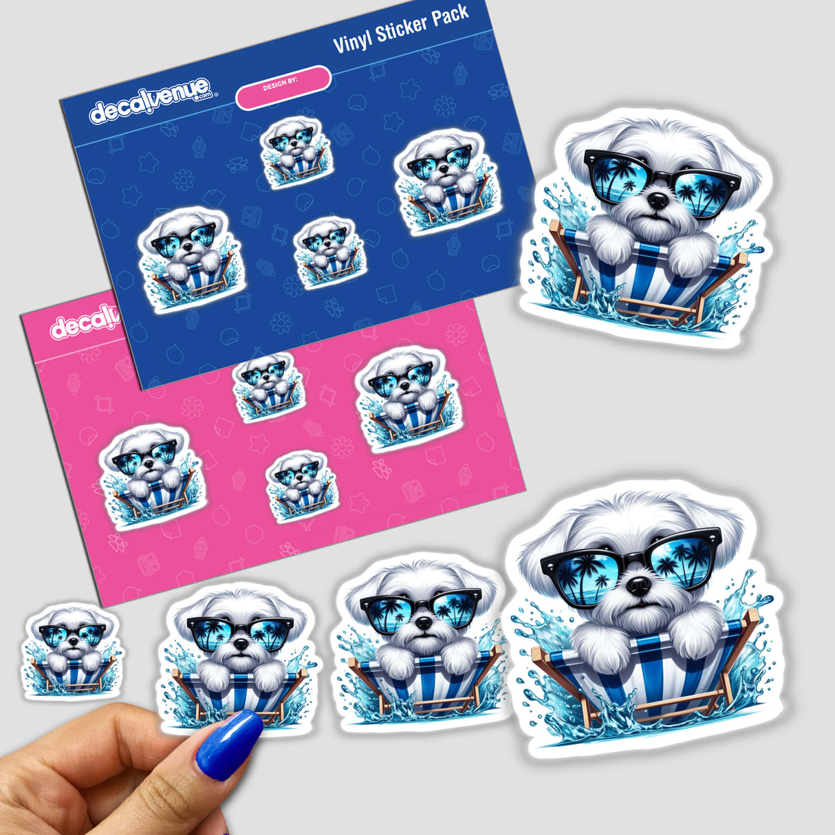 Peeking Summertime Maltese Dog in Beach Chair sticker features a cartoon dog wearing sunglasses, sitting in a beach chair. Available as stickers or digital artwork from Decal Venue.