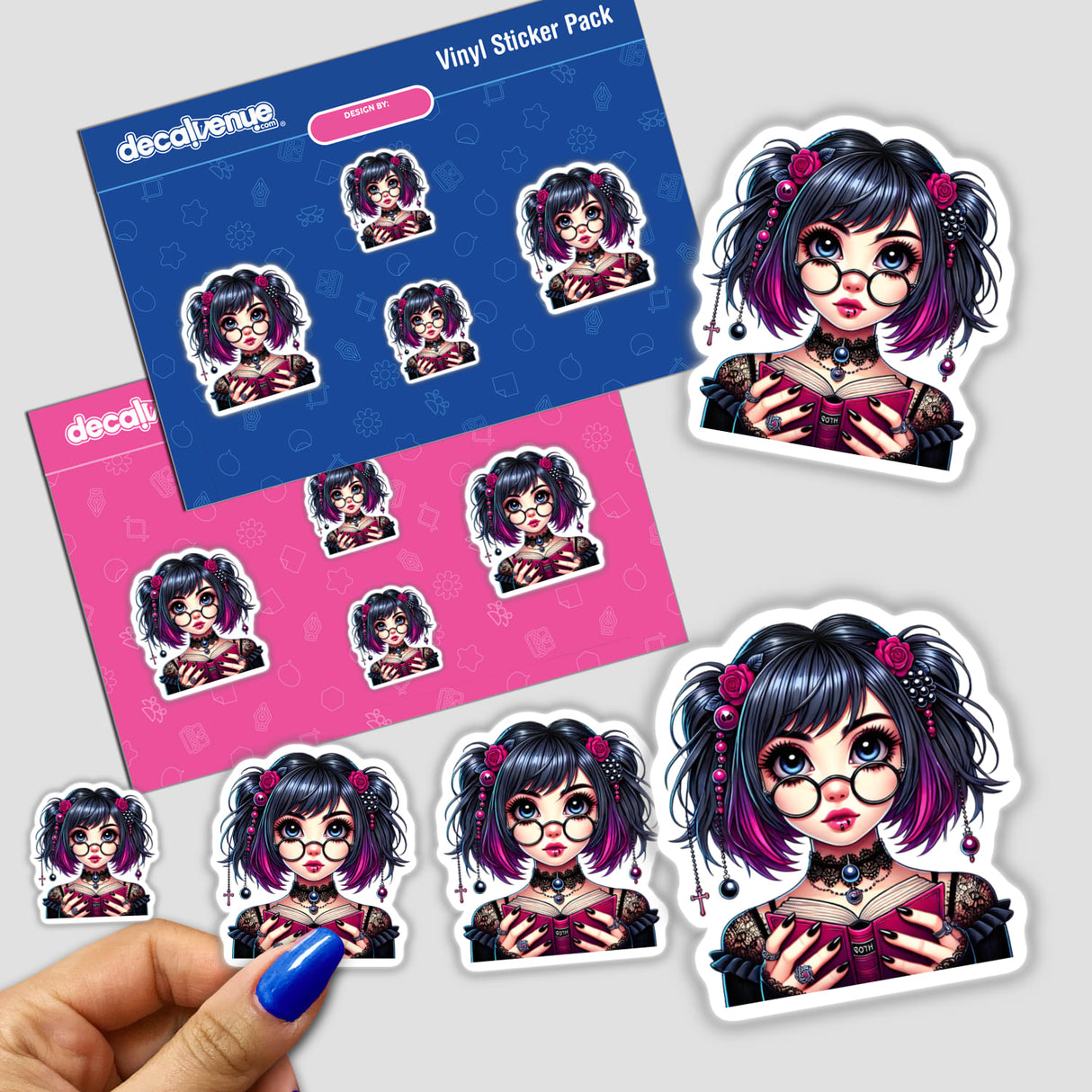Goth girl in reading glasses with book digital art stickers, showcased against a pink and blue background, featuring a variety of vinyl sticker designs.