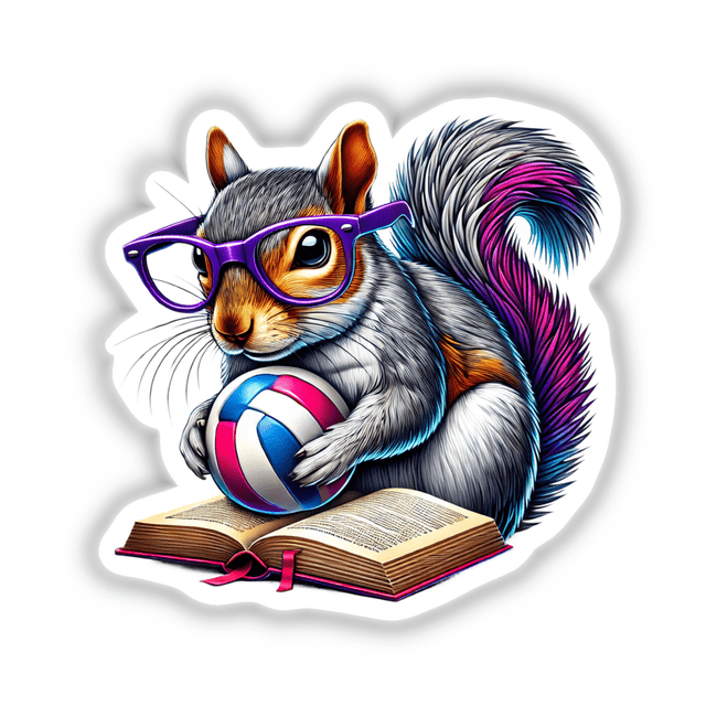 Squirrel Reading a Book with Purple Glasses and Volleyball: Illustration of a squirrel wearing purple glasses, holding a volleyball, and reading a book. Available as stickers or digital artwork.