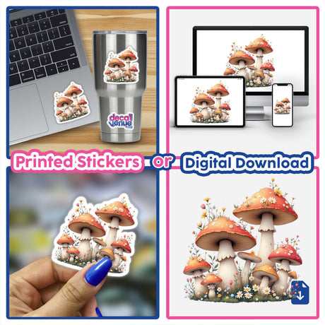 Magical Mushrooms with Blooming Spring Flowers stickers displayed on a laptop, featuring vibrant mushrooms and flowers, highlighting whimsical charm and intricate design from Decal Venue.