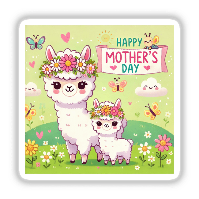 Mother's Day Alpaca Graphic Floral Happy Scene, showcasing an alpaca surrounded by flowers, offered as stickers or digital artwork.