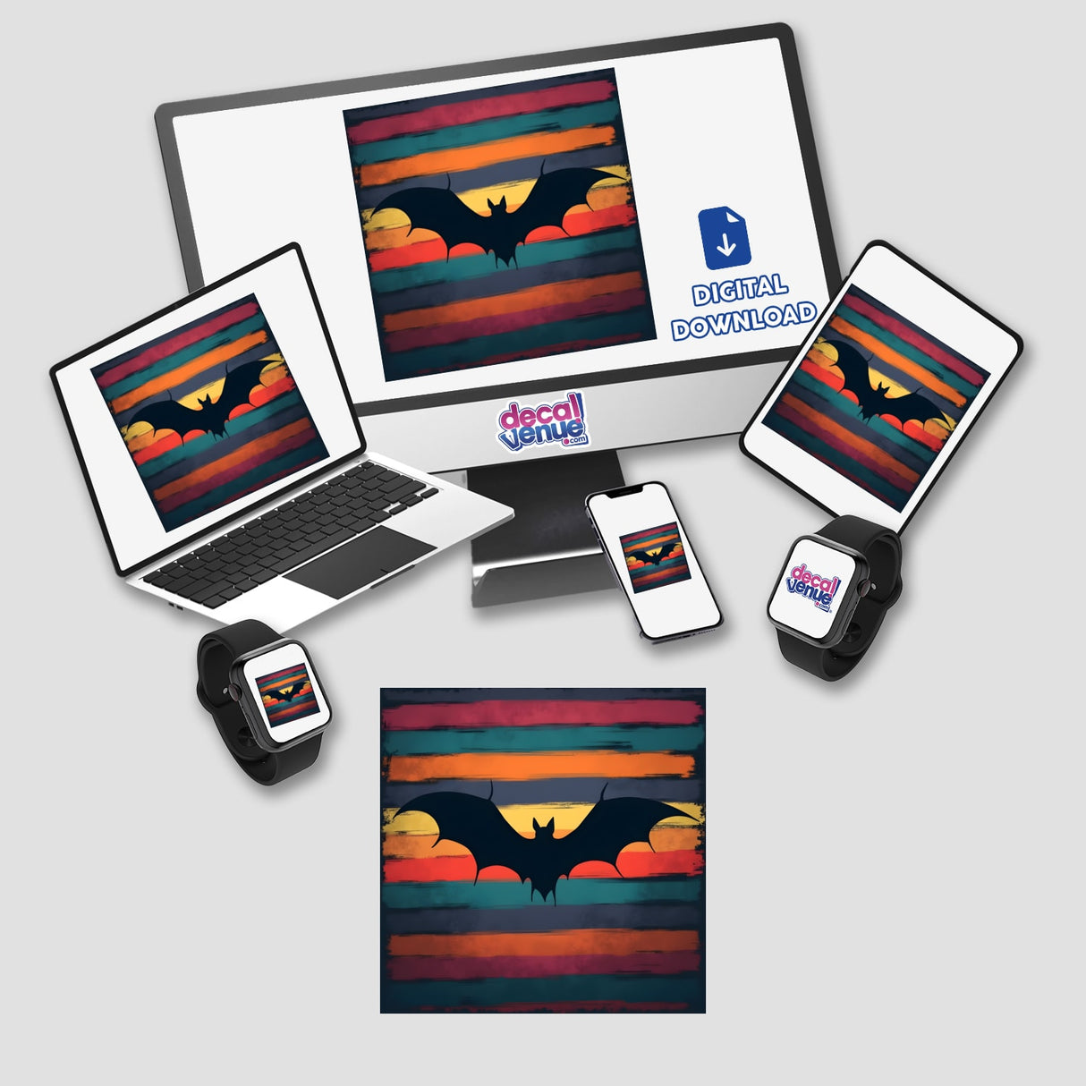 Laptop and phone displaying Bat Silhouette with Vibrant Stripes Halloween artwork, available as stickers or digital art from Decal Venue.