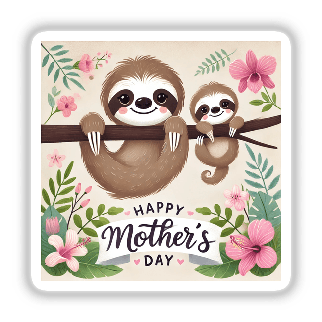 Two Sloths on Branch Happy Mothers Day design, available as stickers or digital artwork, showcasing two adorable sloths lounging on a branch, perfect for Mother's Day gifting.