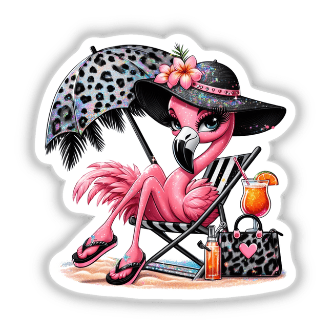 Sparkly Flamingo Beach Diva features a cartoon flamingo lounging in a chair with an umbrella and drink, available as stickers or digital artwork.