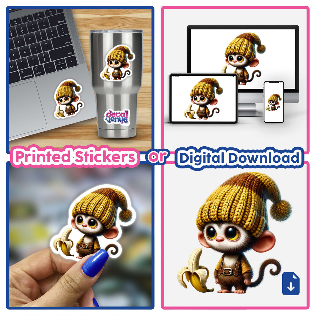 Monkey Gnome with Banana - collage featuring various cartoon monkey designs, including stickers and digital artwork, showcasing a monkey with a banana in different playful scenarios.