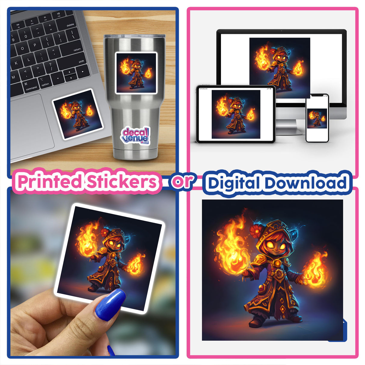 Fire Mage with Summoned Flame Elemental depicted on a silver mug, available as stickers or digital artwork. A detailed cartoon character with fire in their hands is prominently featured.