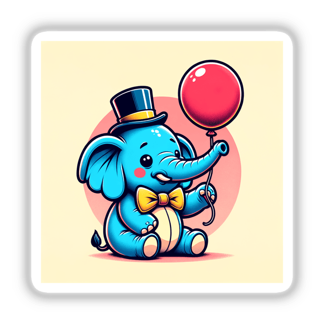 Friendly Elephant with Balloon and Bow Tie: A charming cartoon elephant holds a balloon, ideal as stickers or digital artwork from Decal Venue, known for unique, playful designs.