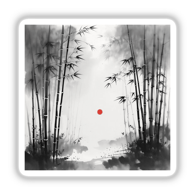 Sumi-e Bamboo Grove in Morning Mist Japanese Ink Wash Scene, available as stickers or digital artwork, depicting serene bamboo silhouettes, reflecting Decal Venue's unique vinyl sticker and digital art offerings.