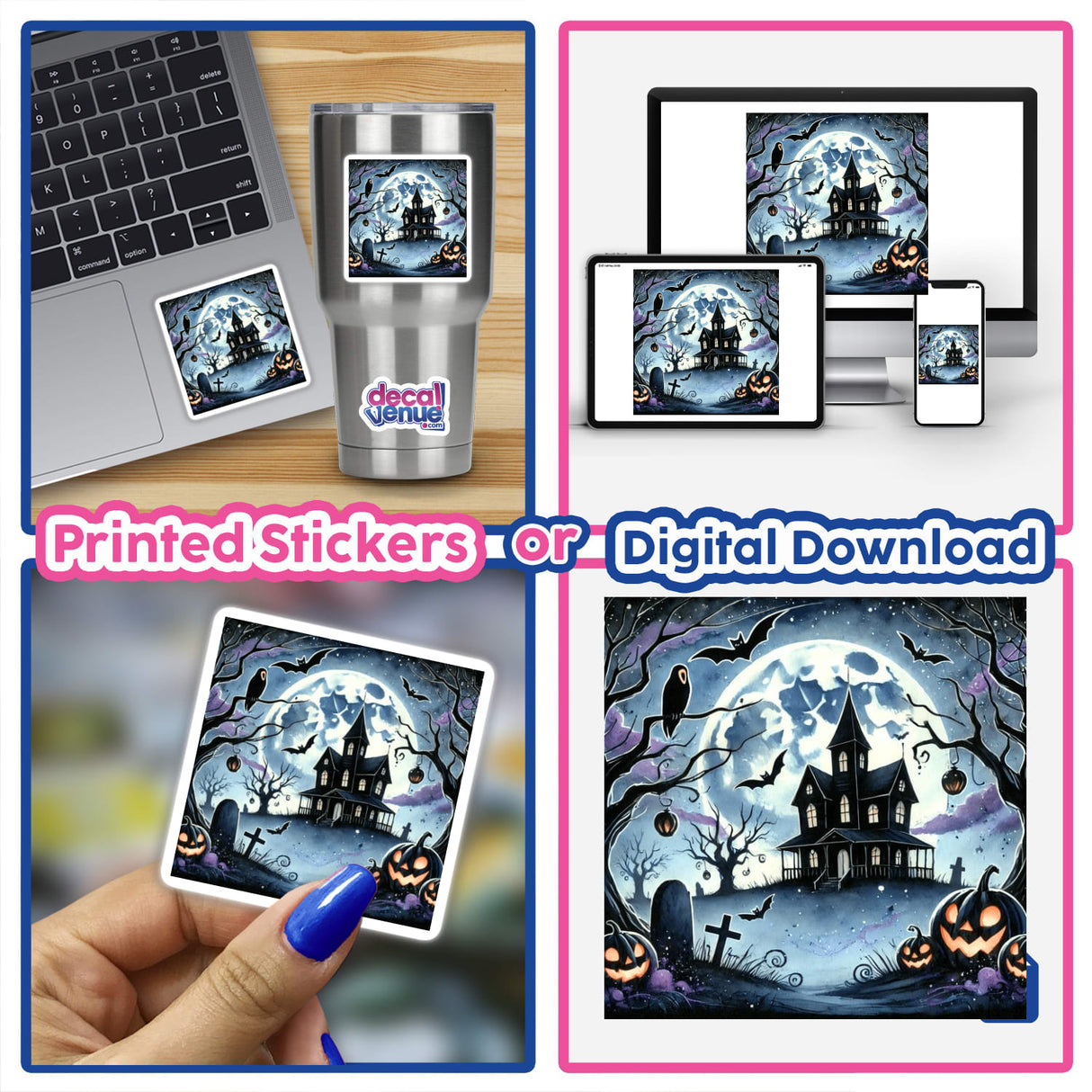 Collage featuring a laptop adorned with a Halloween Night - Haunted House and Moonlit Sky sticker, showcasing a spooky house, pumpkins, and bats. Available as stickers or digital artwork from Decal Venue.