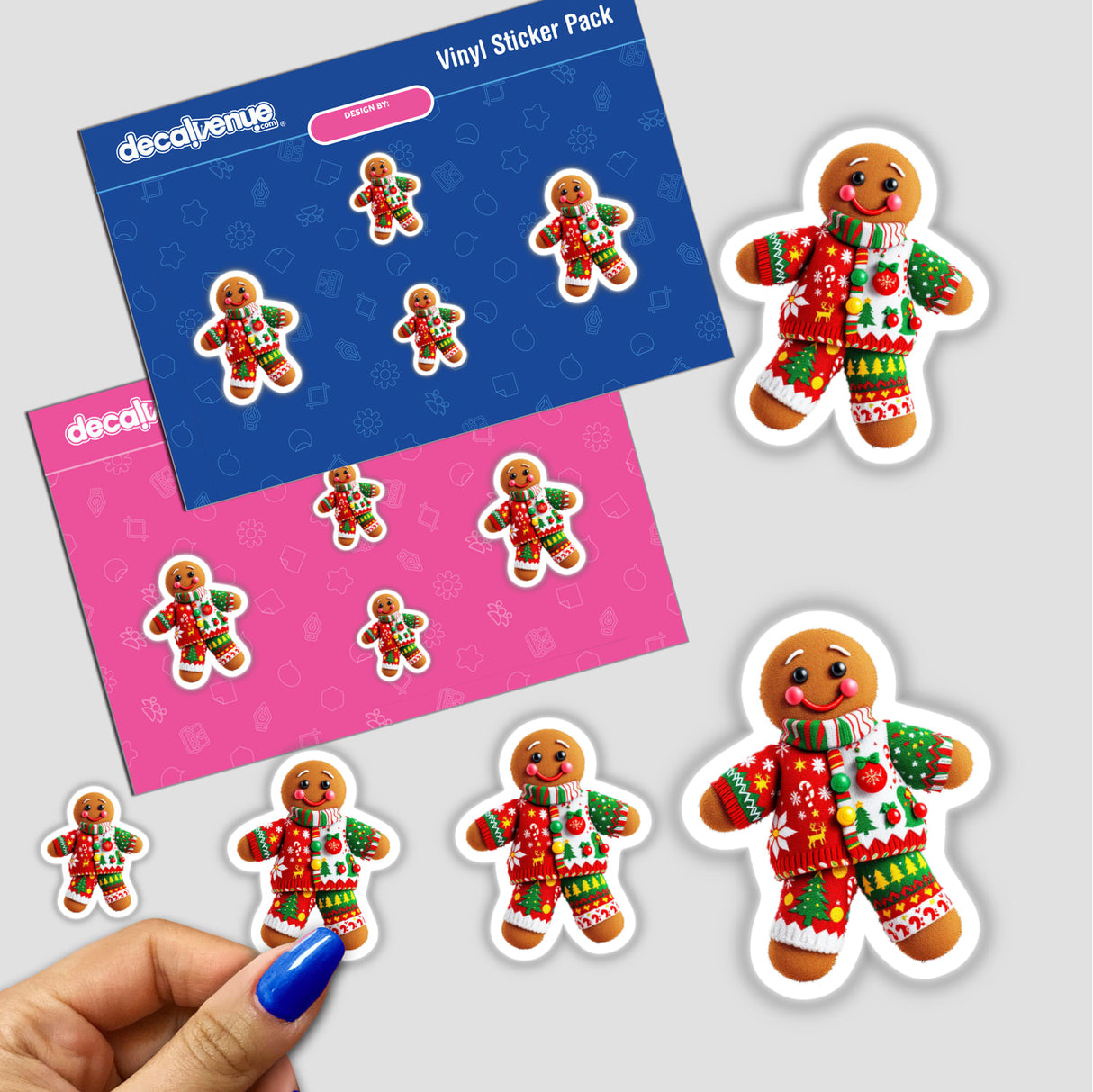 Gingerbread Man Ugly Christmas Sweater Style stickers featuring cartoon gingerbread figures in festive sweaters and pants. Available as stickers or digital artwork from Decal Venue.