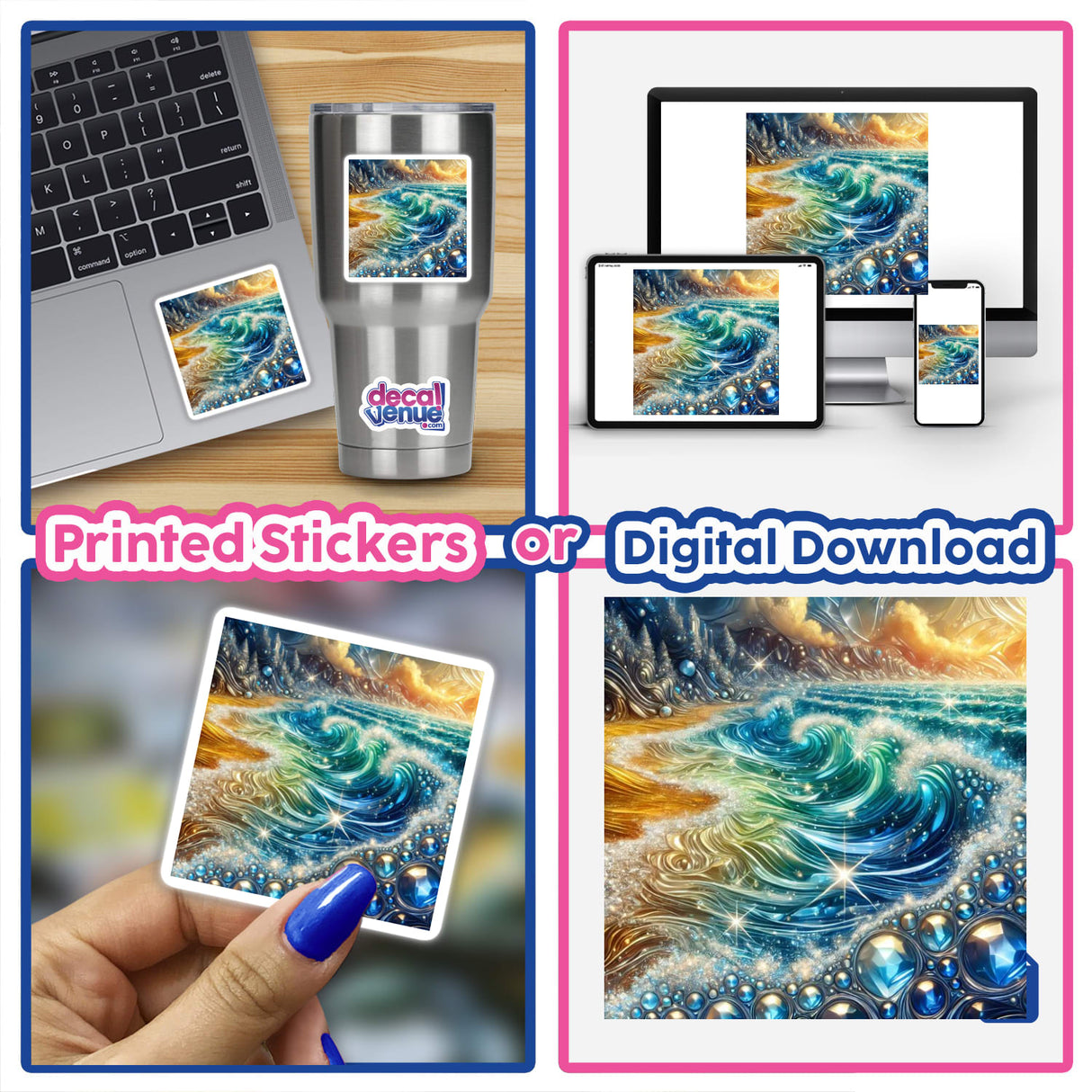 Collage of Crystal Waters - An Ocean of Shimmering Gemstones stickers and digital artwork featuring a laptop, phone screenshot, hand, and keyboard.