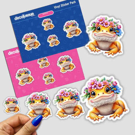 Playful Bearded Dragon with a Springtime Flower Crown stickers featuring a cartoon lizard adorned with flowers, held in a hand, perfect for adding whimsy and nature-inspired charm.