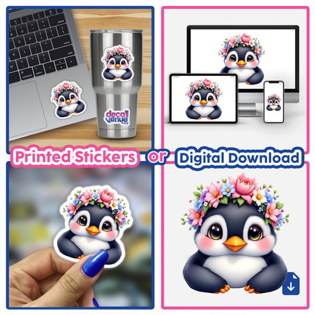 Adorable Penguin with a Spring Flower Crown sticker, showcasing a cartoon penguin adorned with vibrant flowers, perfect for brightening laptops or planners with whimsical charm.