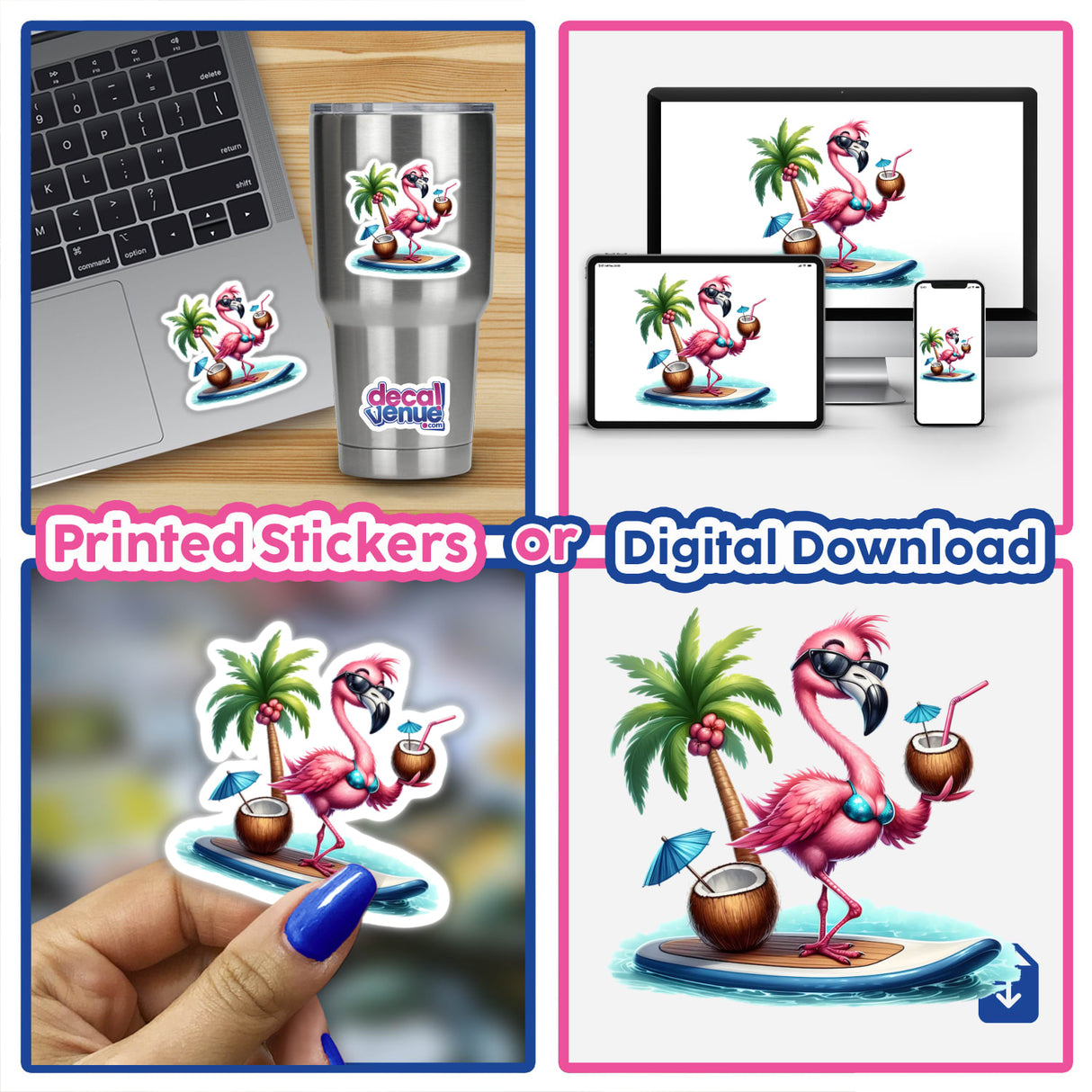 Flamingo in Bikini with Coconut Drink, depicted as stickers or digital artwork, showcases a whimsical flamingo enjoying a tropical beverage, embodying Decal Venue's unique vinyl and digital art offerings.