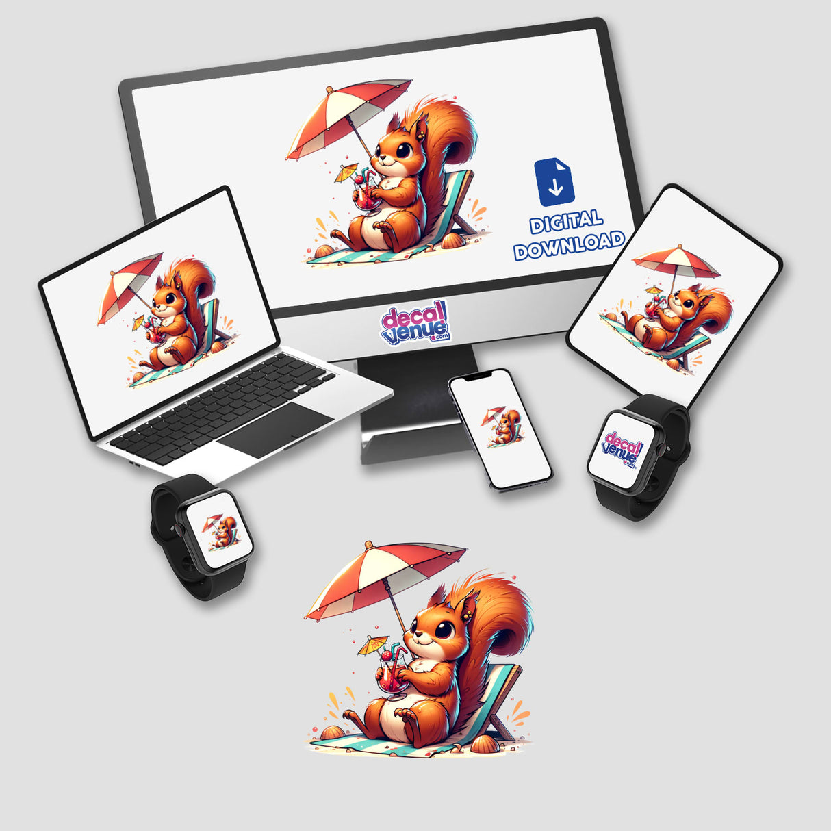 Sunbathing Squirrel Beach Umbrella artwork displayed on a computer monitor and laptop, featuring a cartoon squirrel lounging on a beach chair with a drink and umbrella. Available as stickers or digital artwork.