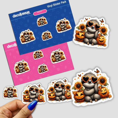Resting Fall Sloth Sunflowers and Pumpkins: cartoon sloth with sunglasses, surrounded by sunflowers and pumpkins, available as stickers or digital artwork.