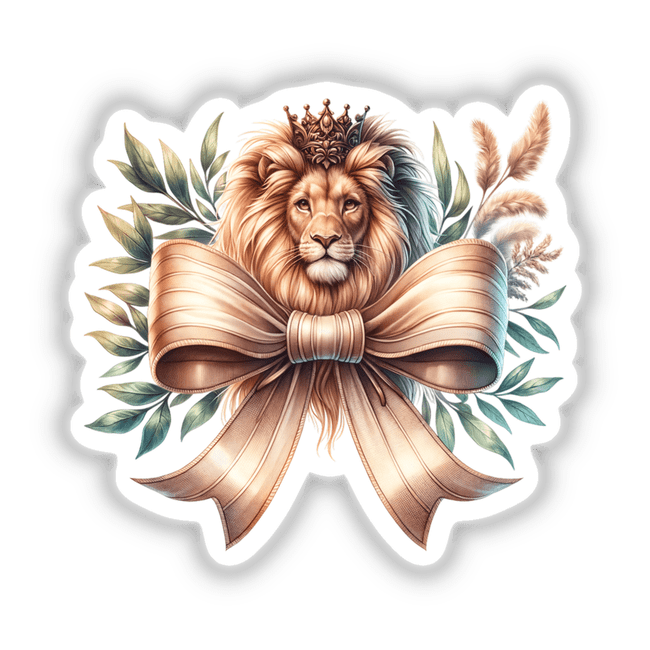 Lion Coquette Bow: Illustration of a crowned lion adorned with a bow, available as stickers or digital artwork.